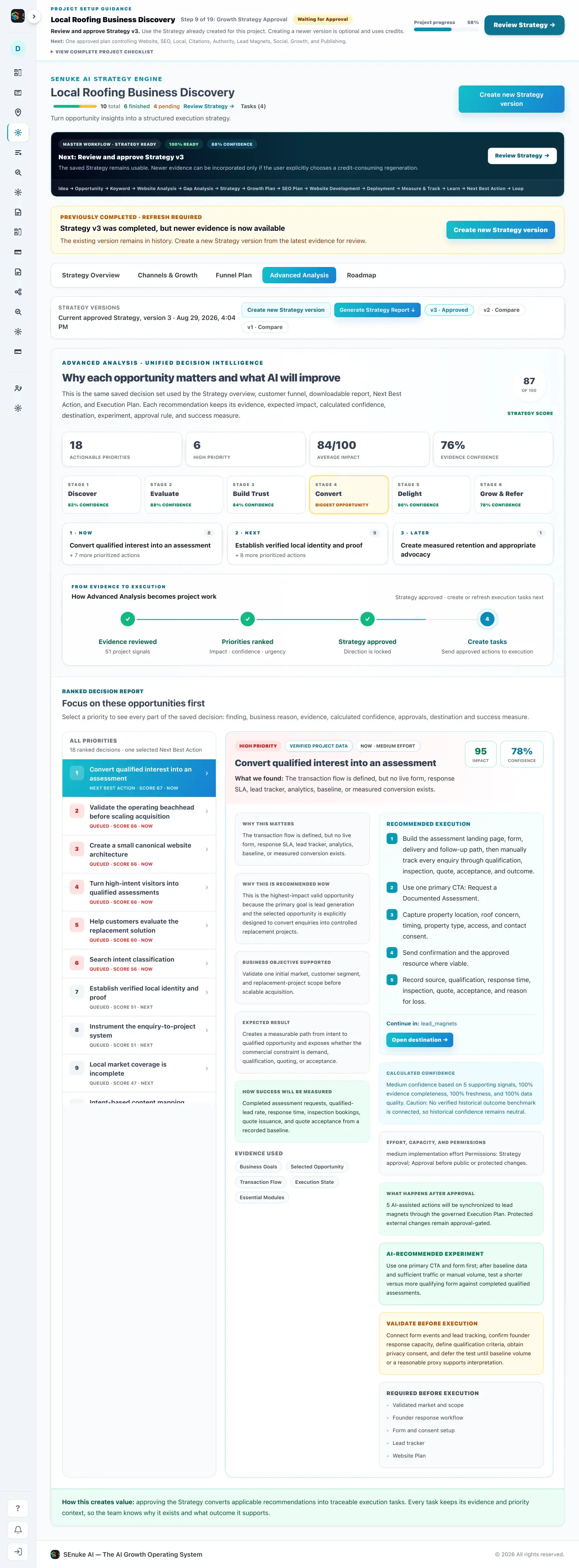 SEnuke AI Advanced Analytics screen