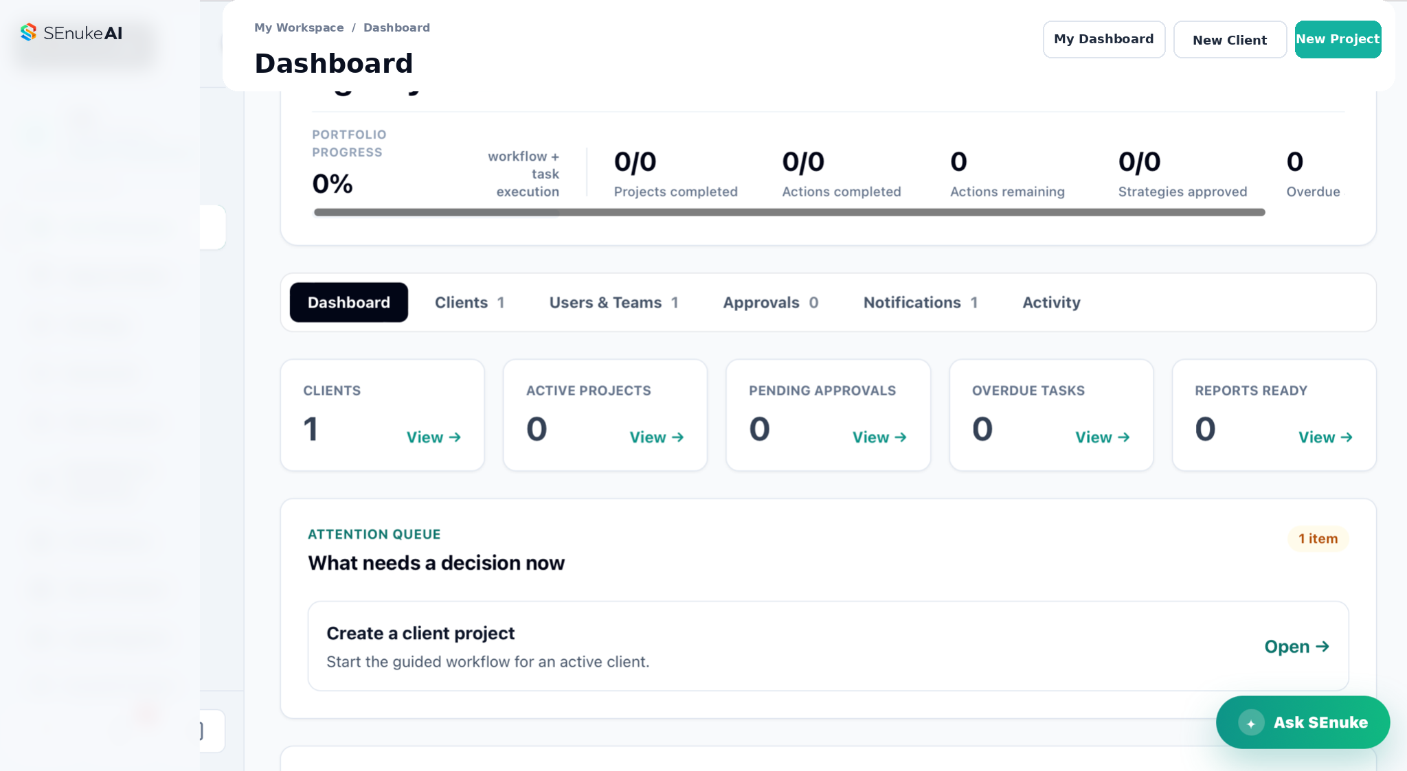 SEnuke AI dashboard showing the continuous growth command center